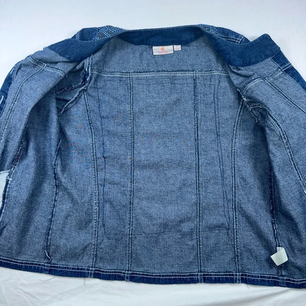 Quacker Factory Custom Denim Jacket No Bad Vibes Peace Rhinestone boho Sz M